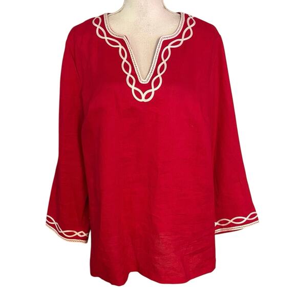 Talbots Size LP PL L Petite 100% Linen Tunic Top Red v Neck - Picture 1 of 4